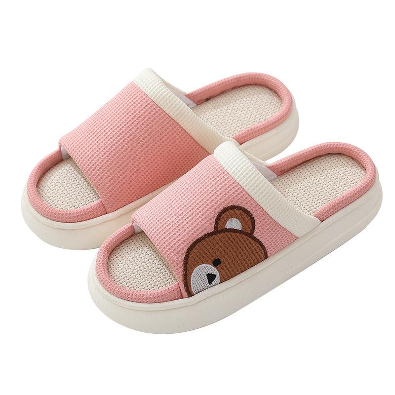 Cute Cartoon Bear Linen Slippers For Women Indoor Non-slip Sweat-absorbent Breathable Slip On Floor Bedroom Slipper House Shoes - AL MONI EXPRESS