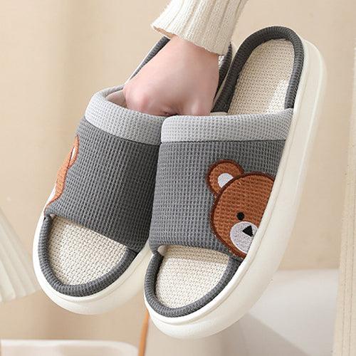 Cute Cartoon Bear Linen Slippers For Women Indoor Non-slip Sweat-absorbent Breathable Slip On Floor Bedroom Slipper House Shoes - AL MONI EXPRESS