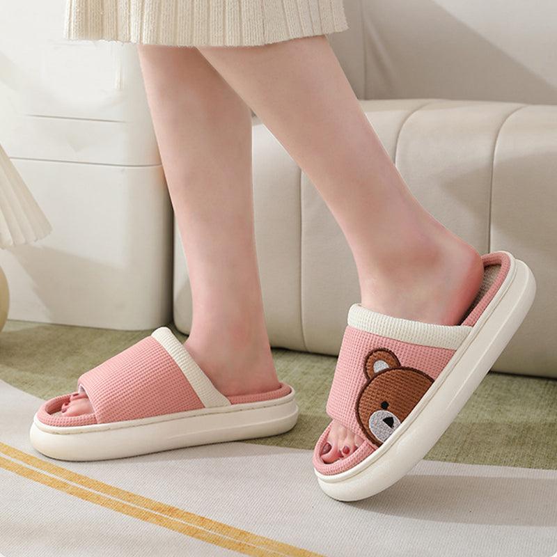 Cute Cartoon Bear Linen Slippers For Women Indoor Non-slip Sweat-absorbent Breathable Slip On Floor Bedroom Slipper House Shoes - AL MONI EXPRESS