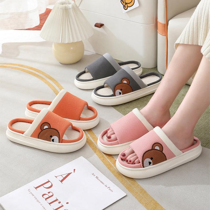 Cute Cartoon Bear Linen Slippers For Women Indoor Non-slip Sweat-absorbent Breathable Slip On Floor Bedroom Slipper House Shoes - AL MONI EXPRESS