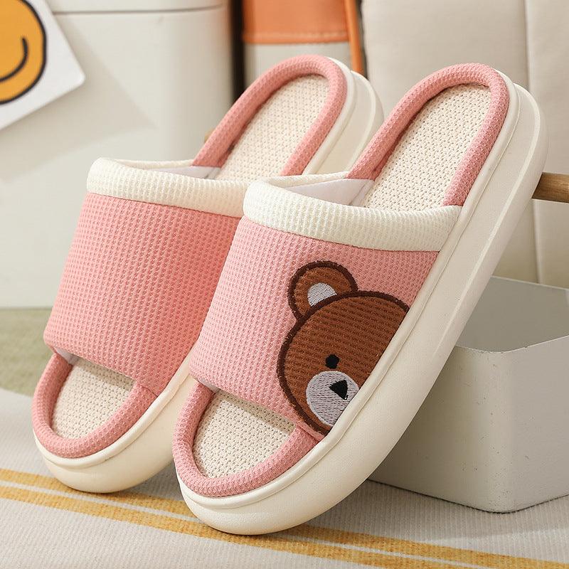 Cute Cartoon Bear Linen Slippers For Women Indoor Non-slip Sweat-absorbent Breathable Slip On Floor Bedroom Slipper House Shoes - AL MONI EXPRESS