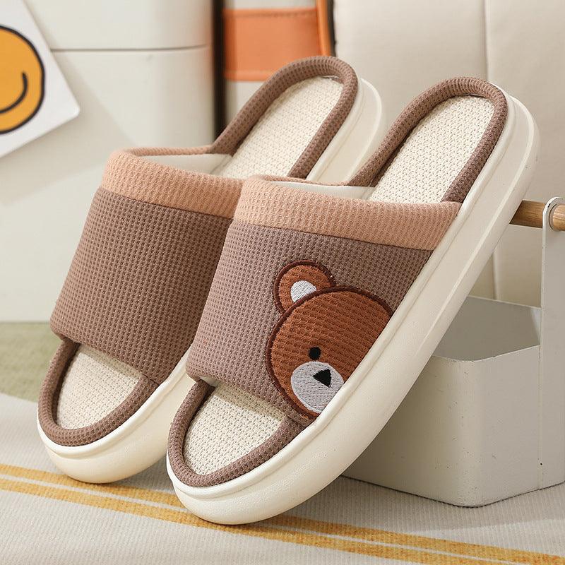 Cute Cartoon Bear Linen Slippers For Women Indoor Non-slip Sweat-absorbent Breathable Slip On Floor Bedroom Slipper House Shoes - AL MONI EXPRESS