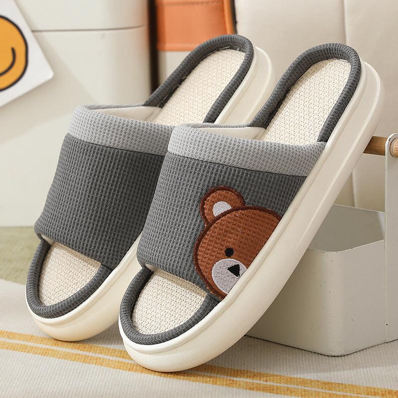 Cute Cartoon Bear Linen Slippers For Women Indoor Non-slip Sweat-absorbent Breathable Slip On Floor Bedroom Slipper House Shoes - AL MONI EXPRESS