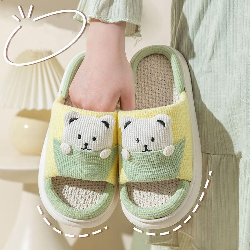 Cute Cartoon Bear Slippers Spring And Autumn Fashion Thick-soled Mute Linen Slipper Women's House Shoes - AL MONI EXPRESS