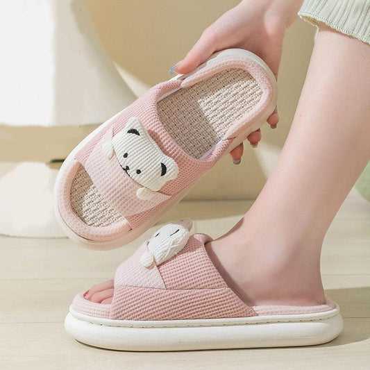 Cute Cartoon Bear Slippers Spring And Autumn Fashion Thick-soled Mute Linen Slipper Women's House Shoes - AL MONI EXPRESS