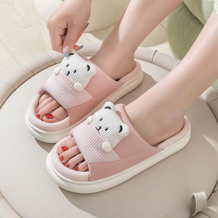 Cute Cartoon Bear Slippers Spring And Autumn Fashion Thick-soled Mute Linen Slipper Women's House Shoes - AL MONI EXPRESS