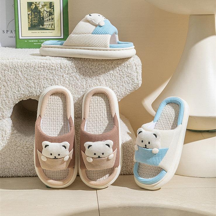 Cute Cartoon Bear Slippers Spring And Autumn Fashion Thick-soled Mute Linen Slipper Women's House Shoes - AL MONI EXPRESS