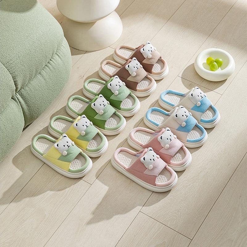 Cute Cartoon Bear Slippers Spring And Autumn Fashion Thick-soled Mute Linen Slipper Women's House Shoes - AL MONI EXPRESS