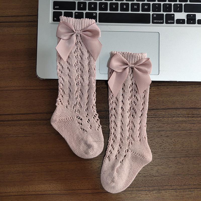 Cute Girls Knee High Socks Bows Cotton Breathable Soft Children Socks Hollow Out Non-slip Newborn Infant Long Socks - Almoni Express