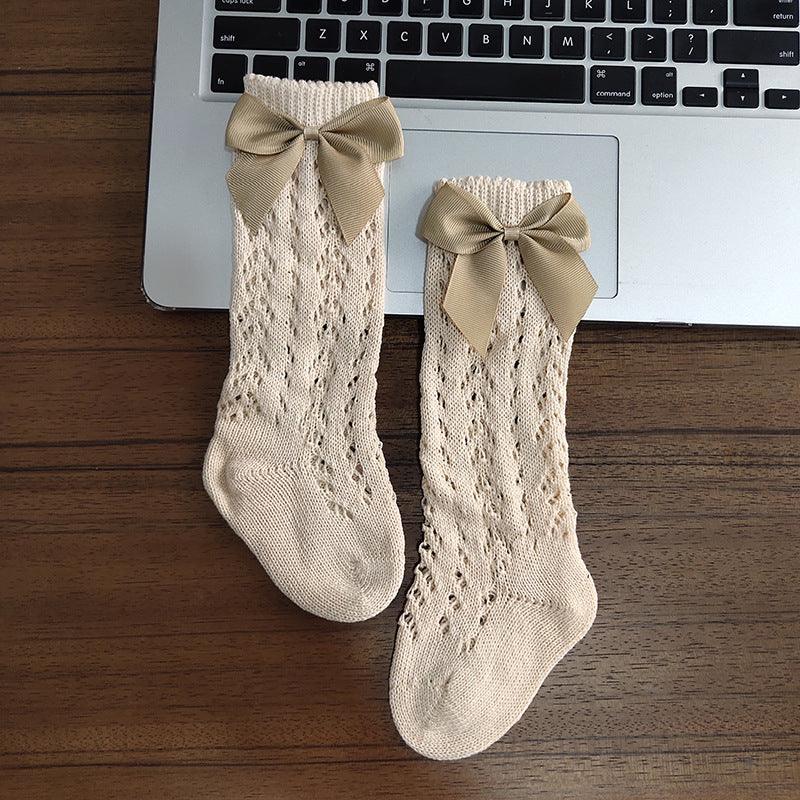 Cute Girls Knee High Socks Bows Cotton Breathable Soft Children Socks Hollow Out Non-slip Newborn Infant Long Socks - Almoni Express