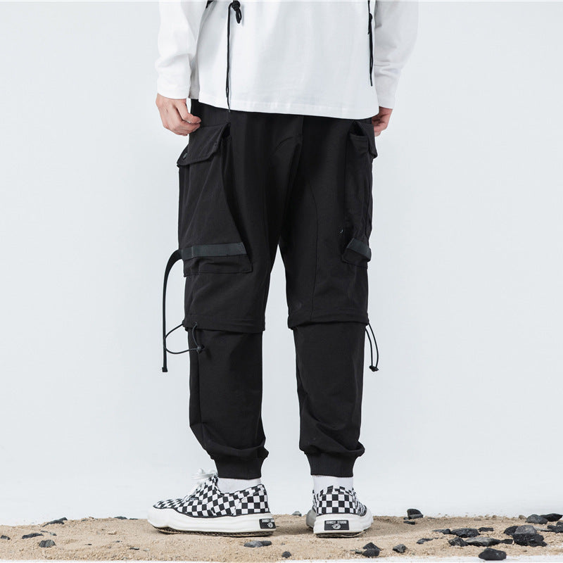 Overalls Men's Spring And Autumn Dark Black Functional Wind Pants Webbing Drawstring Trousers