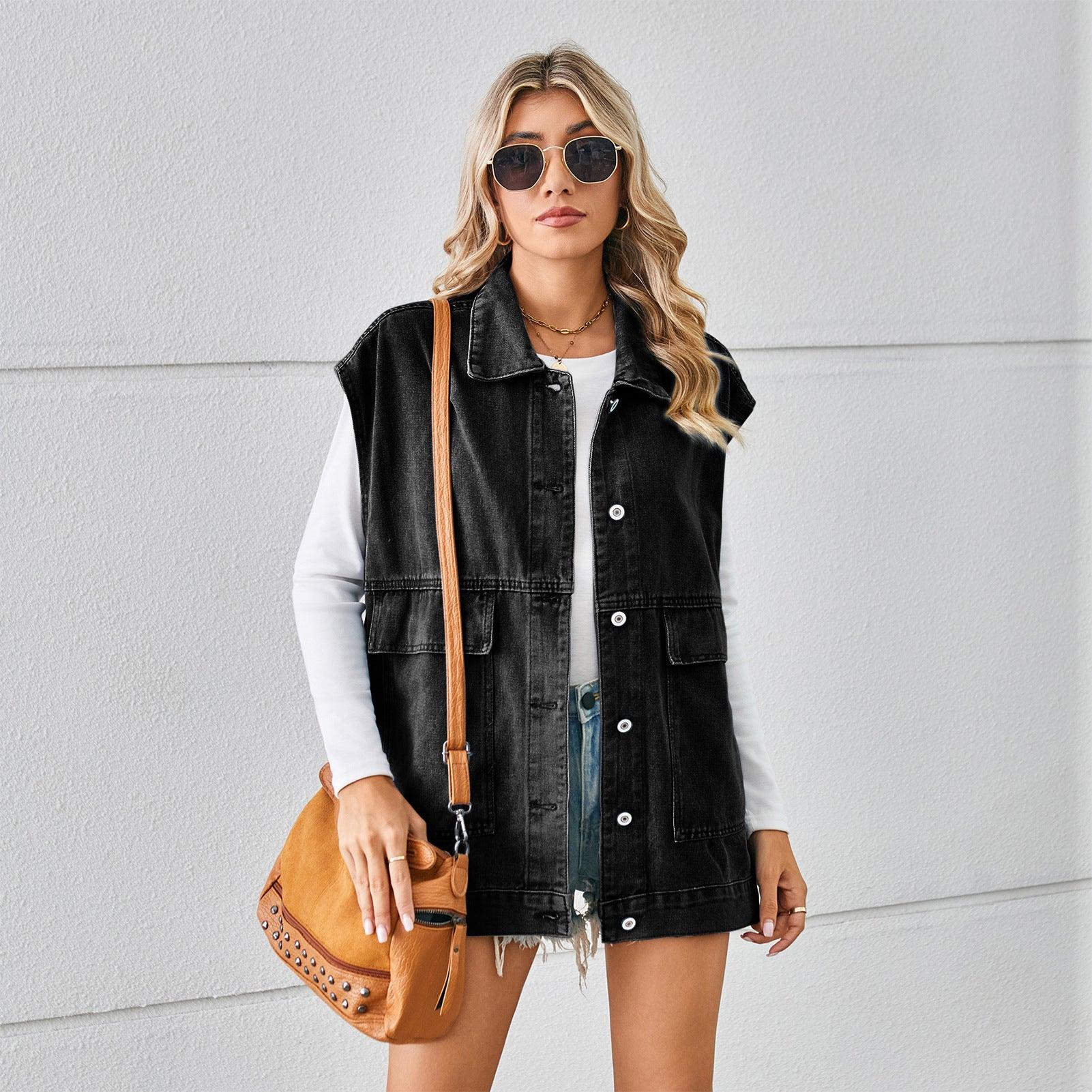 Denim Vest With Big Pockets Fashion Sleeveless Outwear Vest For Womens Clothing - AL MONI EXPRESS