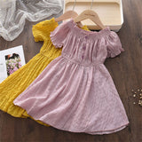 Girls' Solid Color Lace Collar Short Sleeve Chiffon Dress