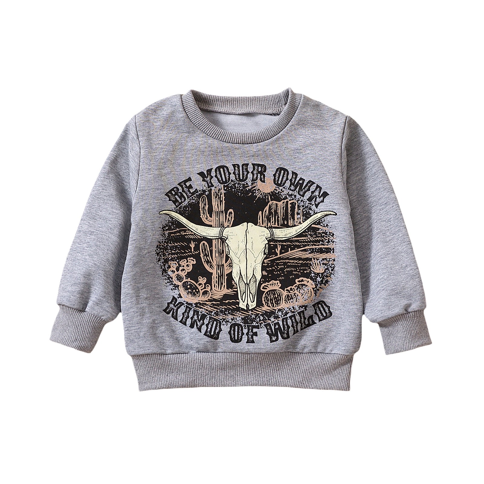 Grey Printed Letter Cow Head Children's Sweater