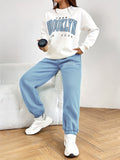 Letter Print Workout Two-piece Set, Crew Neck Long Sleeve Sweatshirt & Long Length Jogger Pants Outfits, Women's Clothing