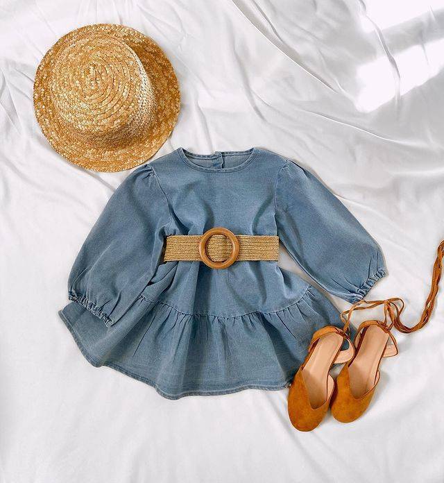 Long Sleeve Denim Princess Dress With Belt