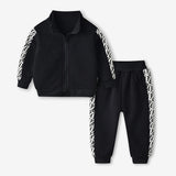 CUHK Kids Long Sleeve Printed Zipper Shirt Casual Sports Pants Set Black Two-Piece Set