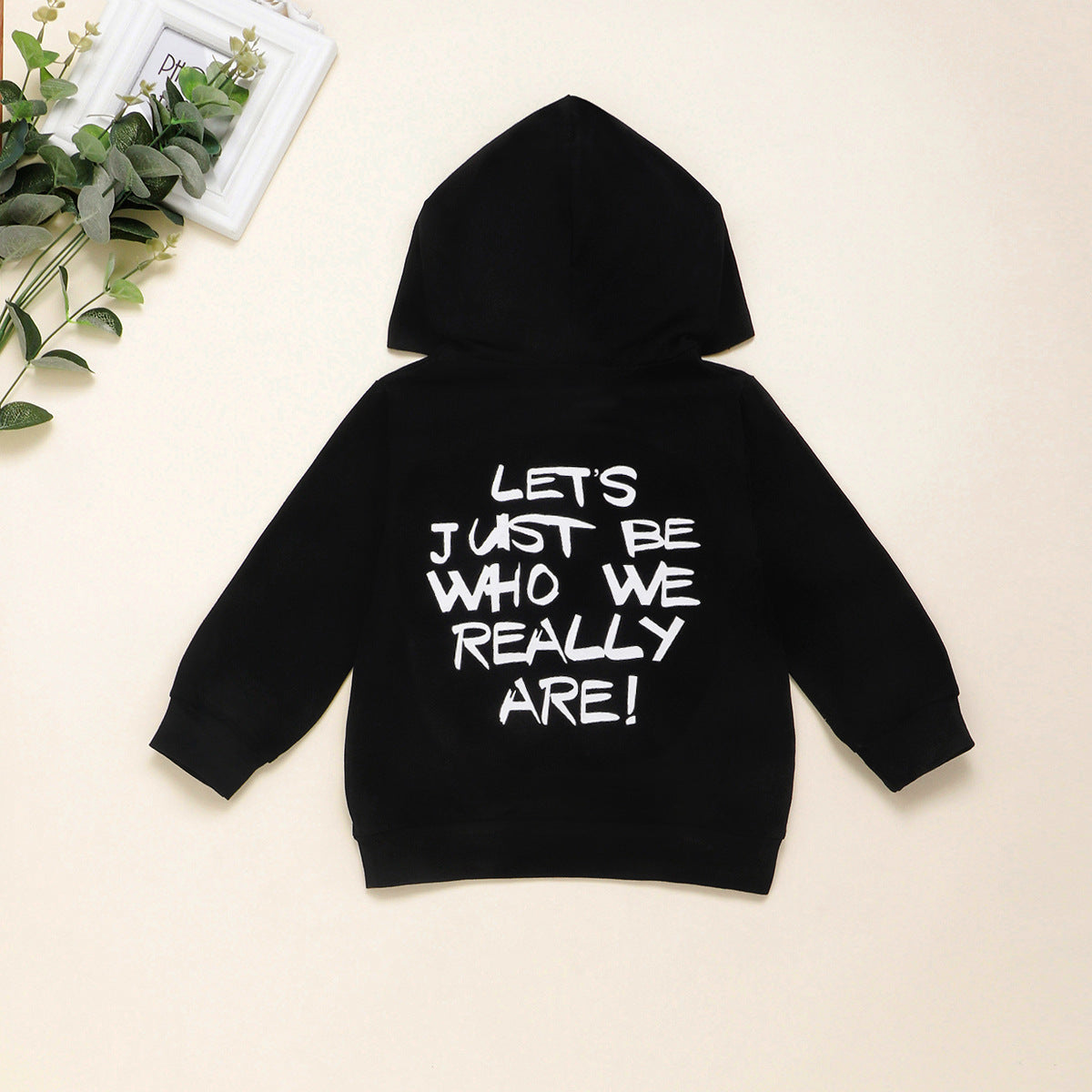 Boys And Girls Black Letter Sweater Hooded Long Sleeve Top