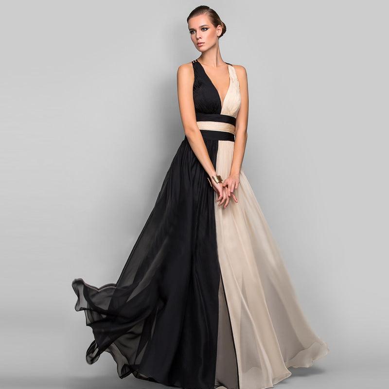 European and American fashion V-neck backless color dress skirt long dress - Almoni Express