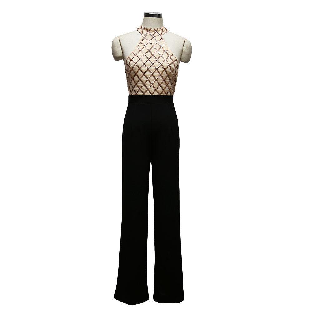 European and American women's sexy jumpsuit hanging neck sequins stitching trumpet jumpsuit trousers - Almoni Express