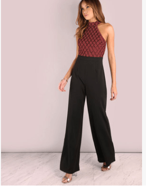 European and American women's sexy jumpsuit hanging neck sequins stitching trumpet jumpsuit trousers - Almoni Express