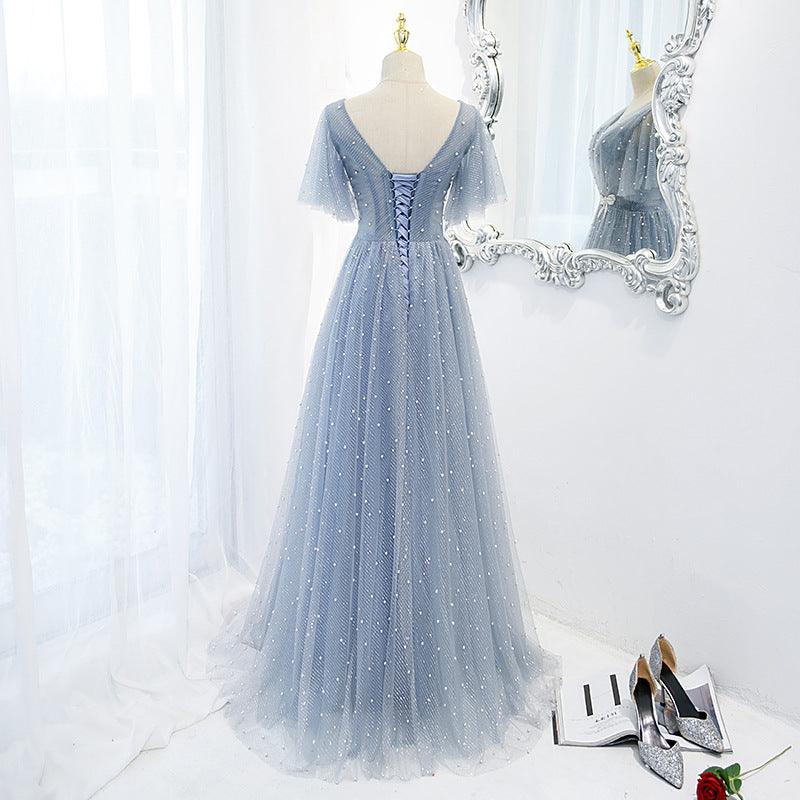 Evening Dress Female Elegant Temperament Host V-neck Super Fairy Thin Long Style - Almoni Express