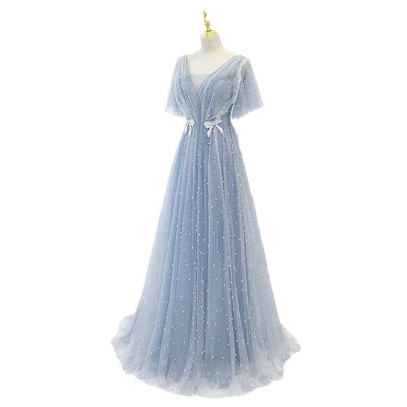 Evening Dress Female Elegant Temperament Host V-neck Super Fairy Thin Long Style - Almoni Express