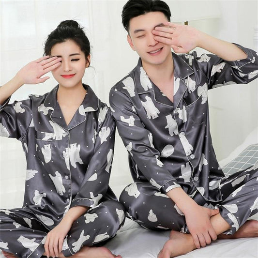 Men's Thin Silk Pajamas Long Sleeve Suit