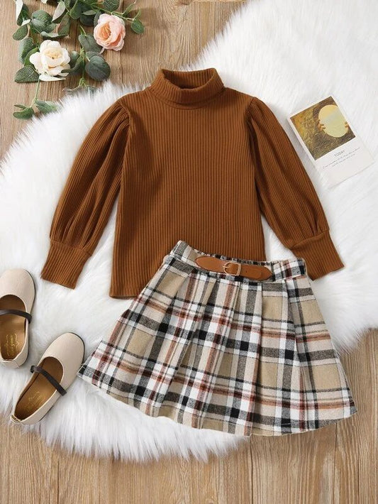 Autumn And Winter Brown Mid High Collar Winter Skirt Suit