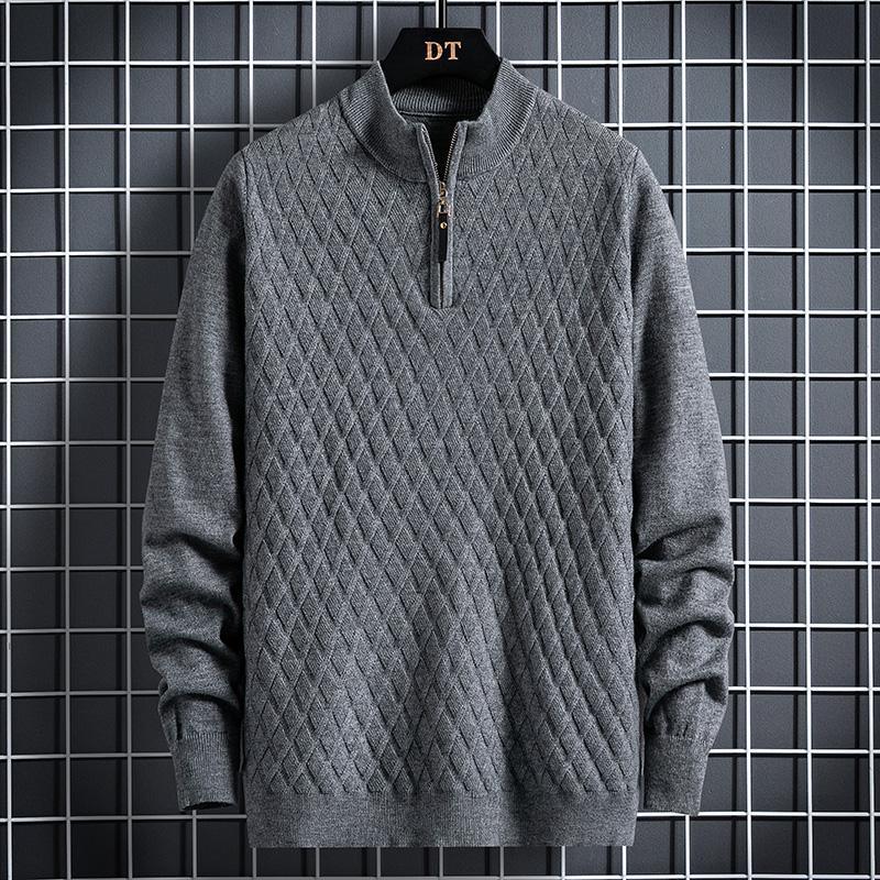 Fall Winter Men Half Zip Sweater Diamond Lattice Sweater - Almoni Express