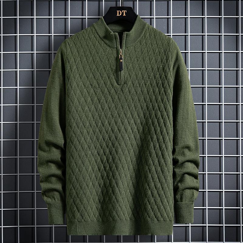 Fall Winter Men Half Zip Sweater Diamond Lattice Sweater - Almoni Express