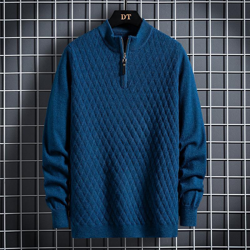 Fall Winter Men Half Zip Sweater Diamond Lattice Sweater - Almoni Express