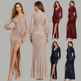 Fantasy Celebrity Sexy High Slit Long Sleeve Sequined Banquet Evening Dress Women - Almoni Express