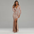 Fantasy Celebrity Sexy High Slit Long Sleeve Sequined Banquet Evening Dress Women - Almoni Express