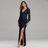 Fantasy Celebrity Sexy High Slit Long Sleeve Sequined Banquet Evening Dress Women - Almoni Express