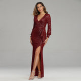 Fantasy Celebrity Sexy High Slit Long Sleeve Sequined Banquet Evening Dress Women - Almoni Express