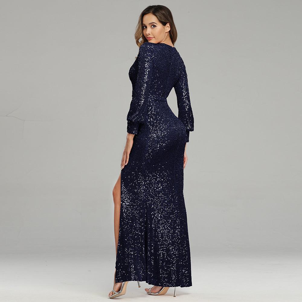 Fantasy Celebrity Sexy High Slit Long Sleeve Sequined Banquet Evening Dress Women - Almoni Express