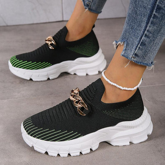 Fashion Chain Design Mesh Shoes For Women Breathable Casual Soft Sole Walking Sock Slip On Flat Shoes - AL MONI EXPRESS