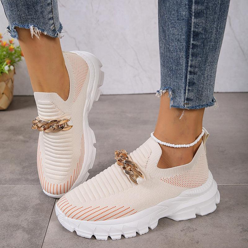 Fashion Chain Design Mesh Shoes For Women Breathable Casual Soft Sole Walking Sock Slip On Flat Shoes - AL MONI EXPRESS