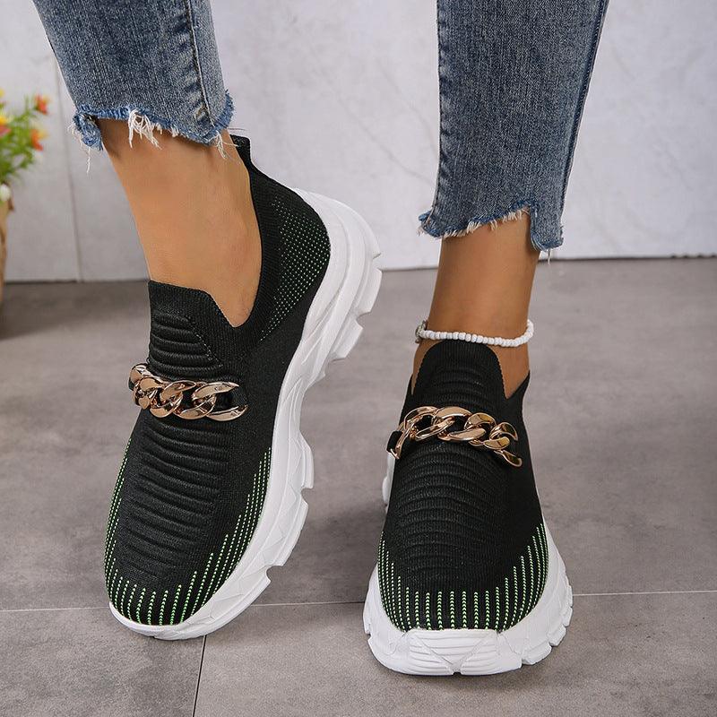 Fashion Chain Design Mesh Shoes For Women Breathable Casual Soft Sole Walking Sock Slip On Flat Shoes - AL MONI EXPRESS