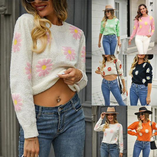 Fashion Floral Print Knit Sweater Round Neck Pullover Tops Women - Almoni Express