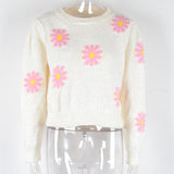 Fashion Floral Print Knit Sweater Round Neck Pullover Tops Women - Almoni Express