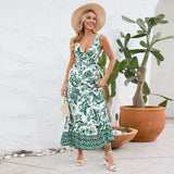 Fashion Floral Print V-neck Dress Summer Sexy Slim Fit Sleeveless Long Dress - AL MONI EXPRESS