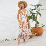 Fashion Floral Print V-neck Dress Summer Sexy Slim Fit Sleeveless Long Dress - AL MONI EXPRESS