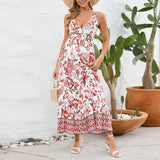 Fashion Floral Print V-neck Dress Summer Sexy Slim Fit Sleeveless Long Dress - AL MONI EXPRESS