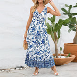 Fashion Floral Print V-neck Dress Summer Sexy Slim Fit Sleeveless Long Dress - AL MONI EXPRESS