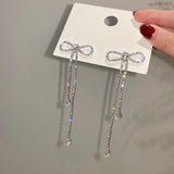 Fashion Jewelry Silver Needle Long Bow Tie Full-jeweled Stud Earrings For Women - AL MONI EXPRESS