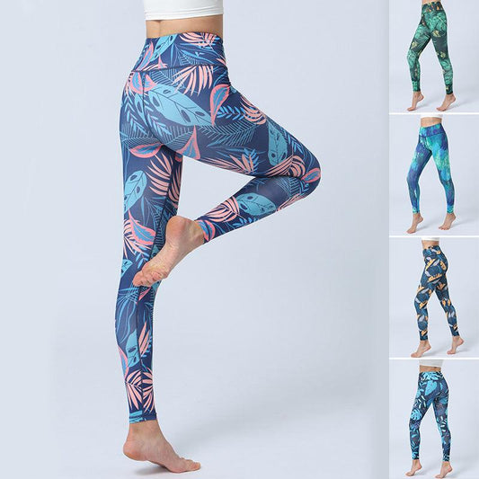 Fashion Leaves Printed Yoga Pants Women's High Waist Hip Lifting Sports Fitness Leggings - AL MONI EXPRESS