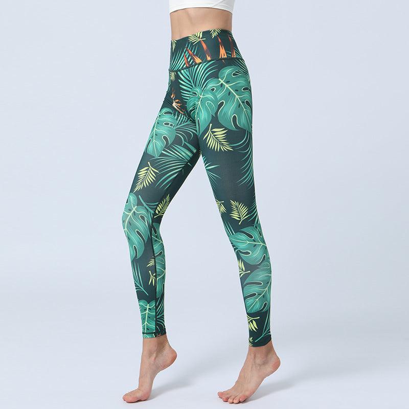 Fashion Leaves Printed Yoga Pants Women's High Waist Hip Lifting Sports Fitness Leggings - AL MONI EXPRESS