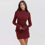 Fashion Long Sleeve Dress With Two Pockets Slim Bodycon Hip Short Dress For Women - AL MONI EXPRESS